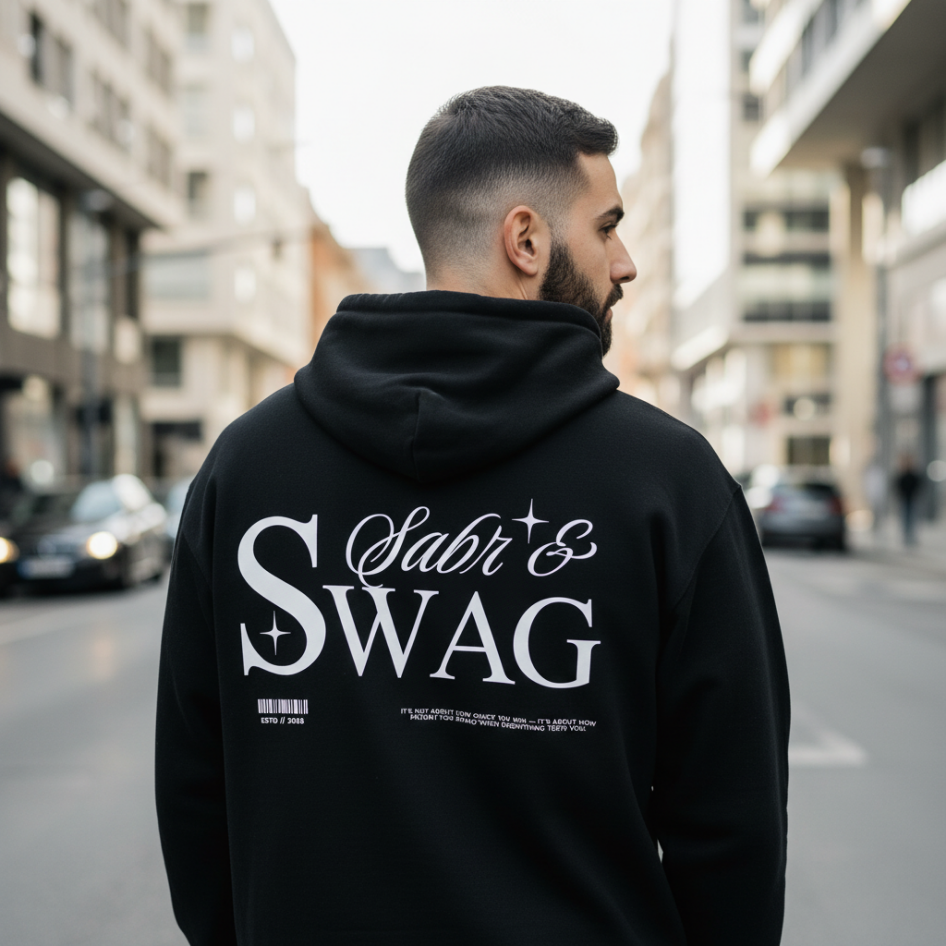 Man wearing a black hoodie with 'Sabr & SWAG' text on the back in an urban setting
