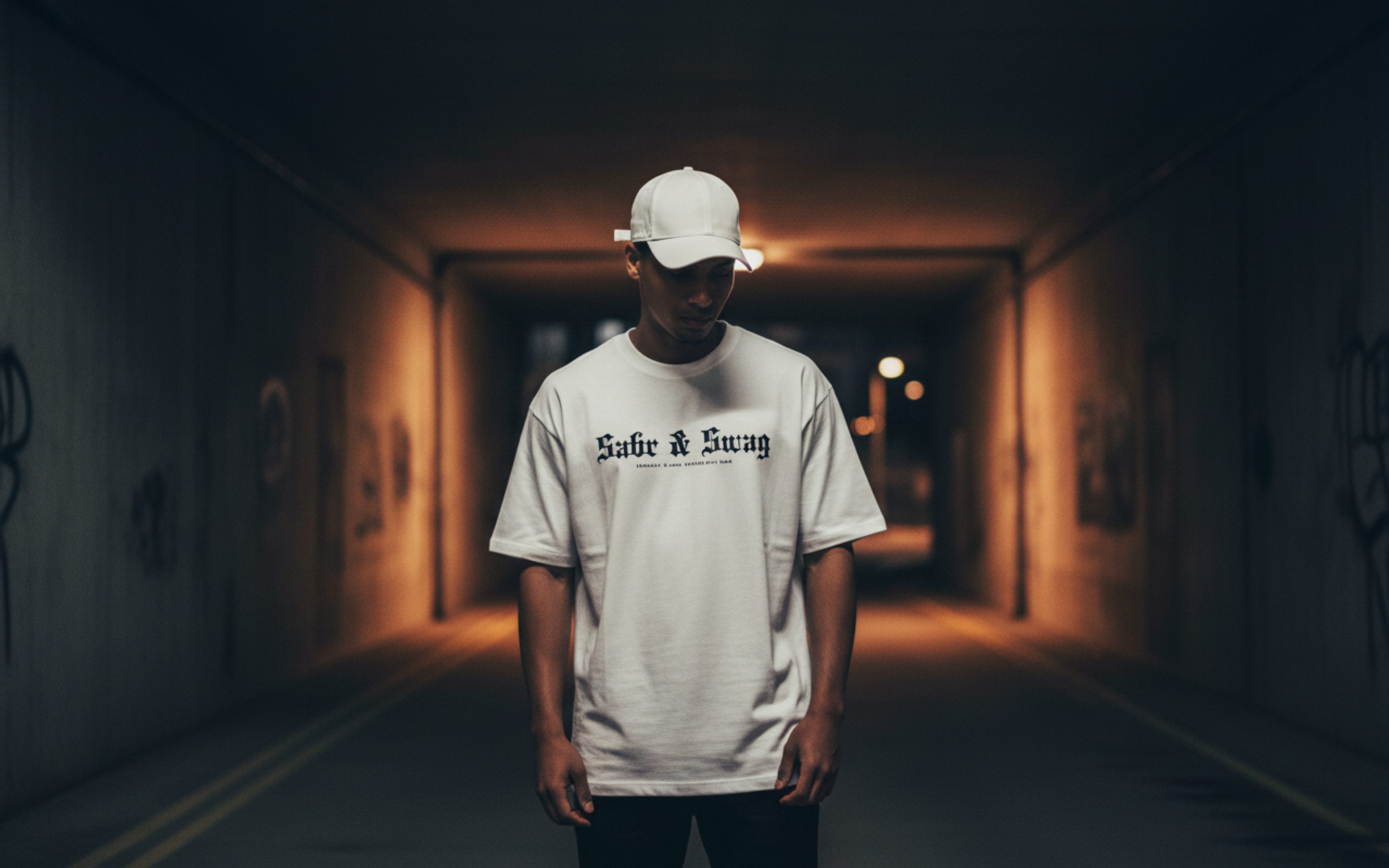 Person wearing a white t-shirt with text in a dark tunnel